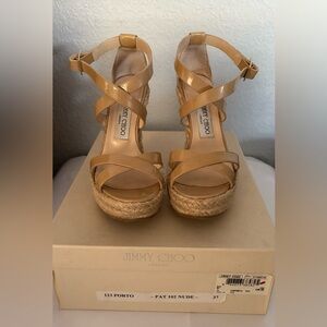 Jimmy Choo Porto Crisscrossed Espadrille Wedge Nude 37